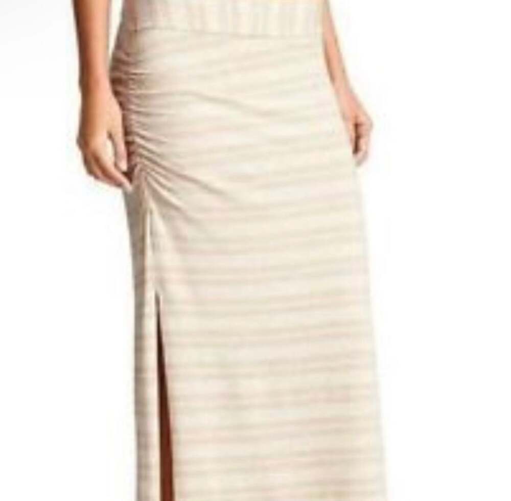 Athleta Beige White Striped Pull On Ruched Serafina Maxi Skirt-Size M